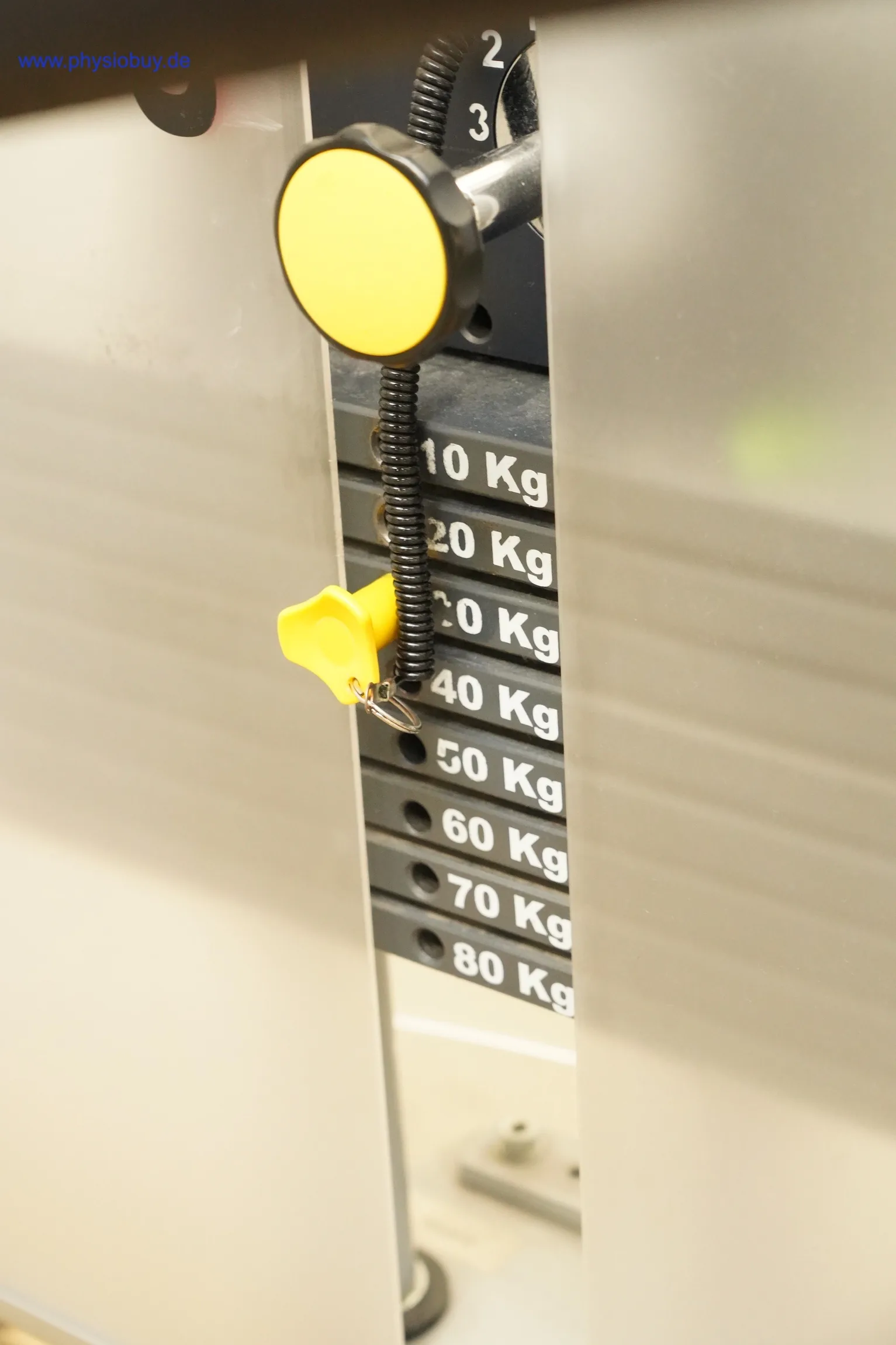 Proxomed compass 530 Stützstemme, Nahaufnahme des Gewichtsstifts mit Skala von 10 bis 80 kg