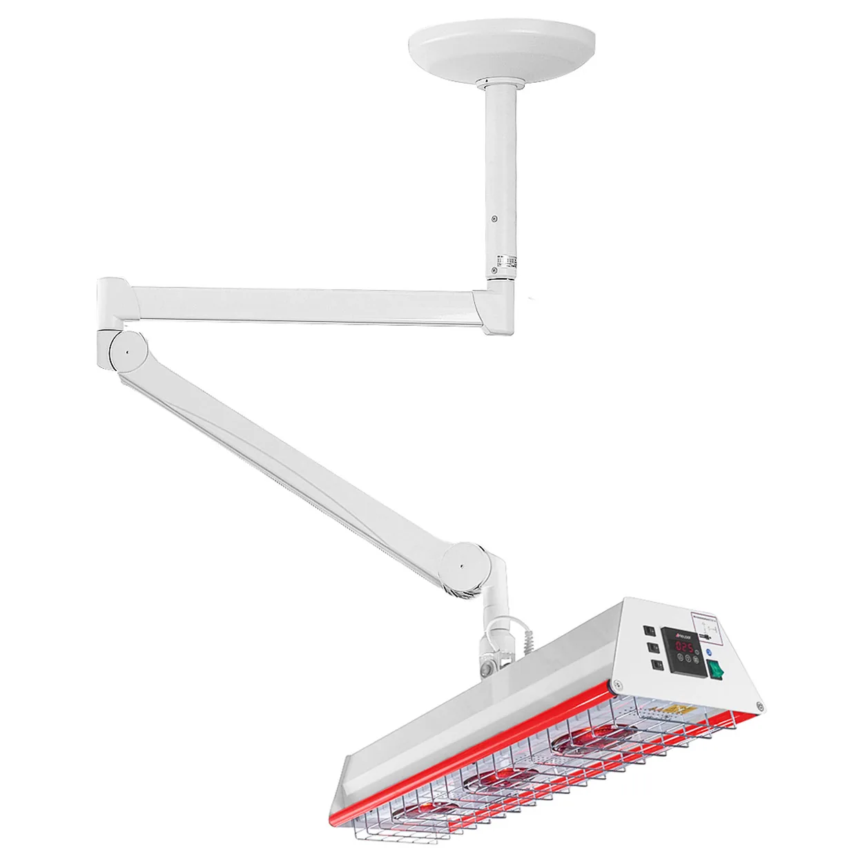 Heuser Strahlerkopf TGS 3.2 mit rotem Rahmen an Deckenarm mit Deckenflansch