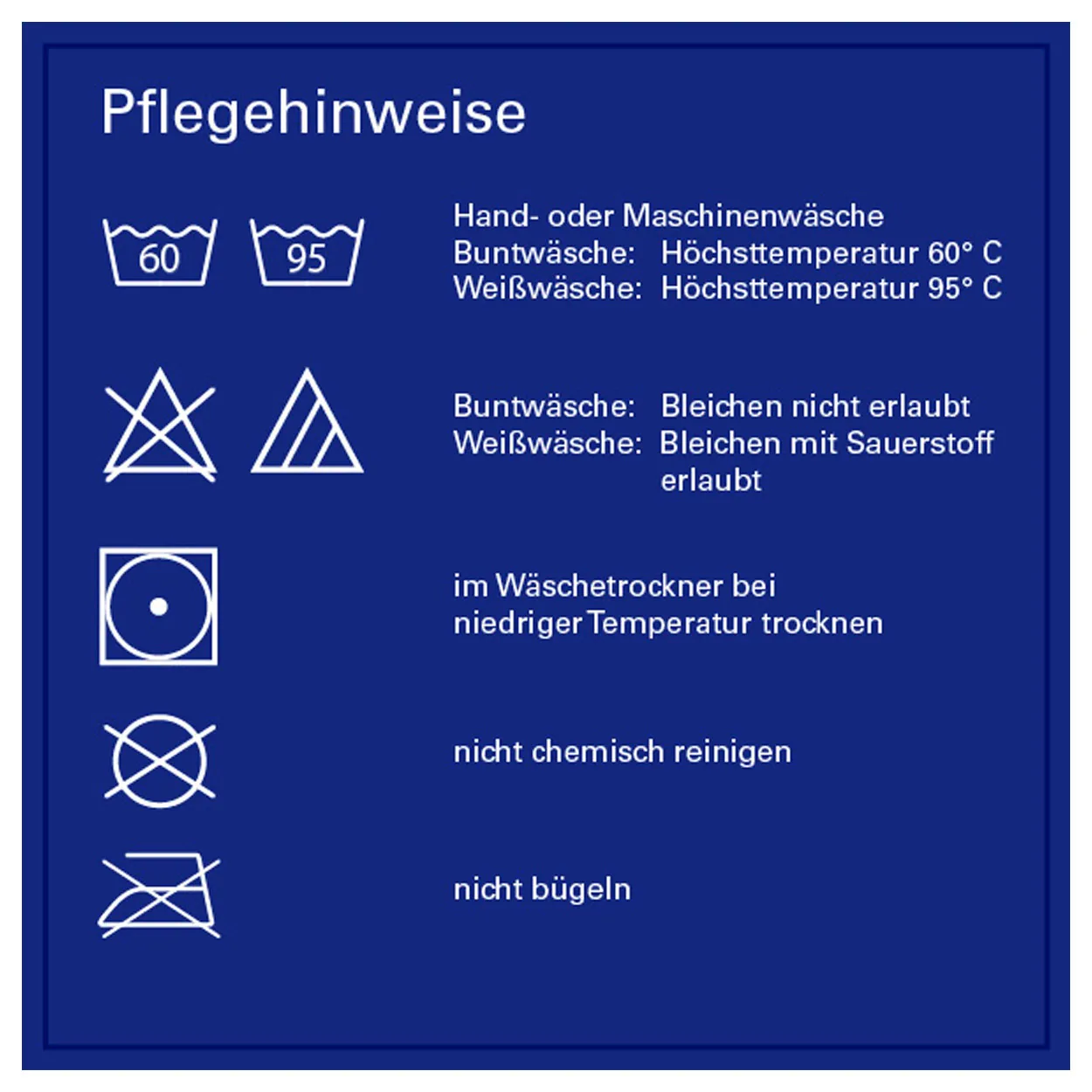 Pflegehinweise-Grafik mit Waschsymbolen für den Massagenliegenbezug