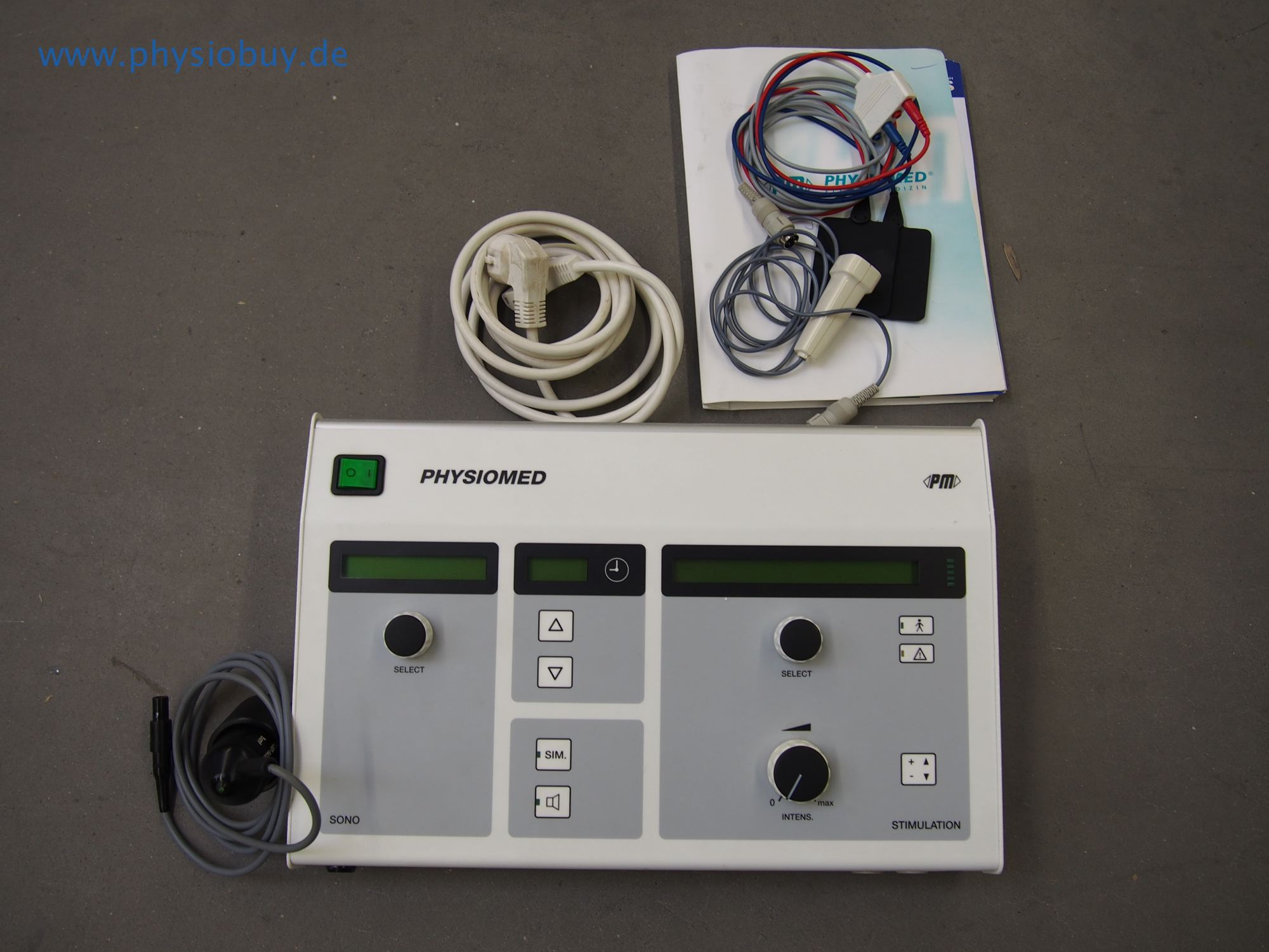Elektrokombigerät Physiomed mit Bedienfeld, Kabeln und Zubehör
