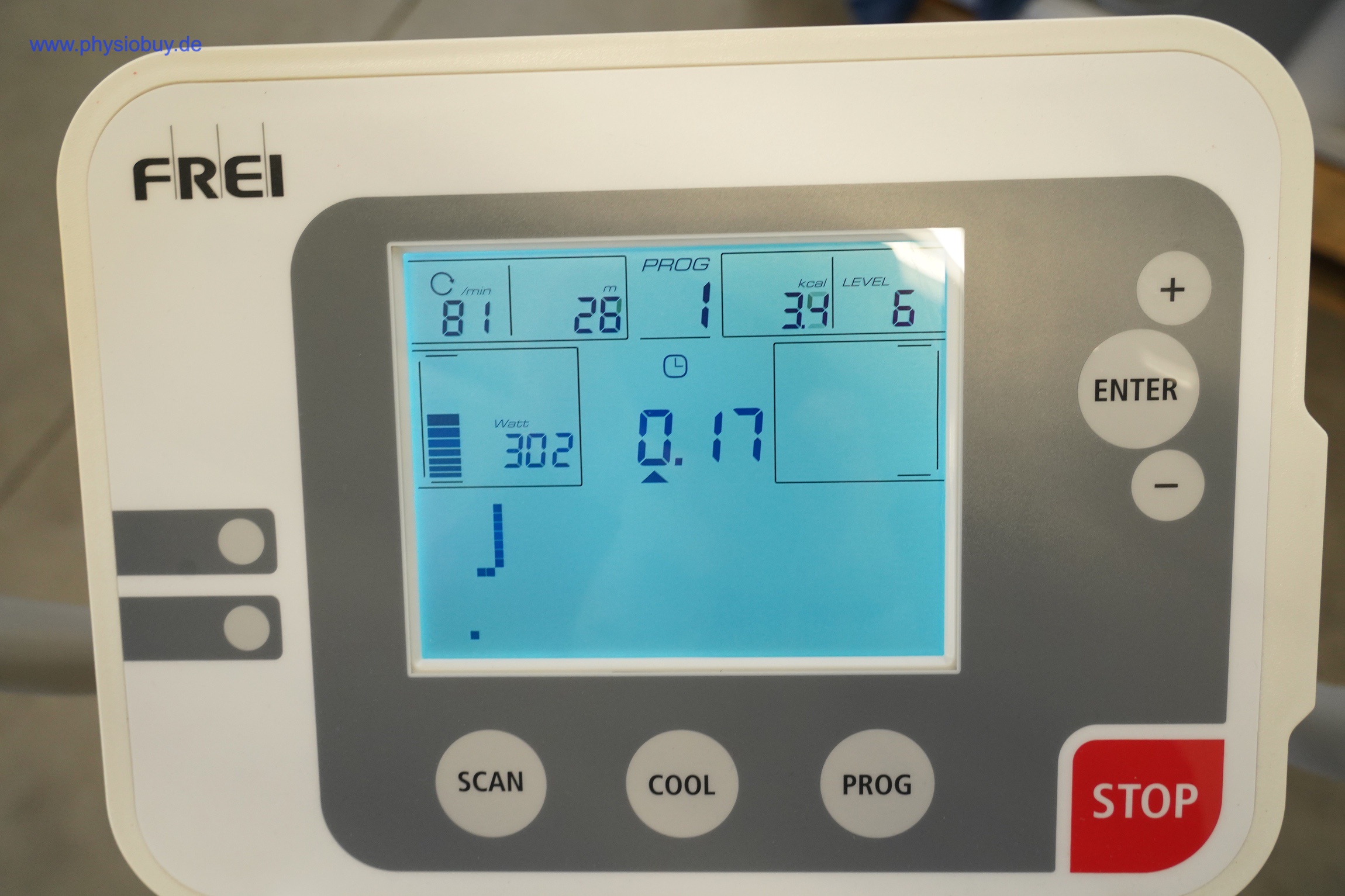 Emotion/Atama motion Cross 600 med: Bedienkonsole mit FREI-Logo, beleuchtetem Display und Tasten Scan, Cool, Prog und Stop