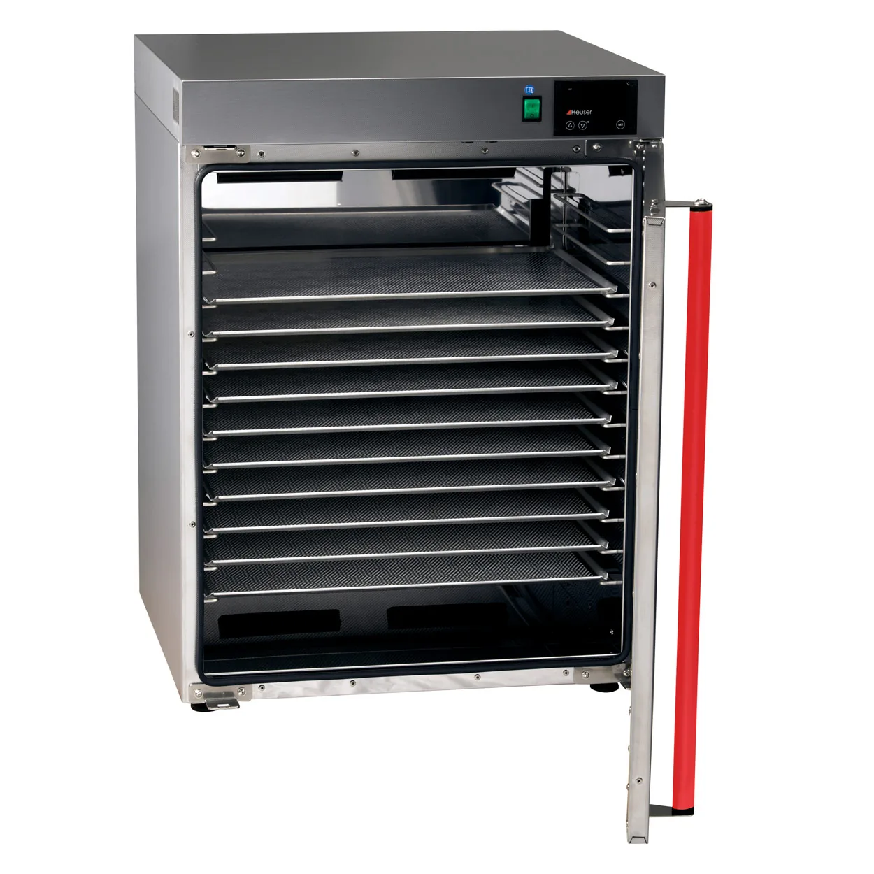 Edelstahl-Wärmeschrank Heuser mit geöffneter Tür und rotem Griff
