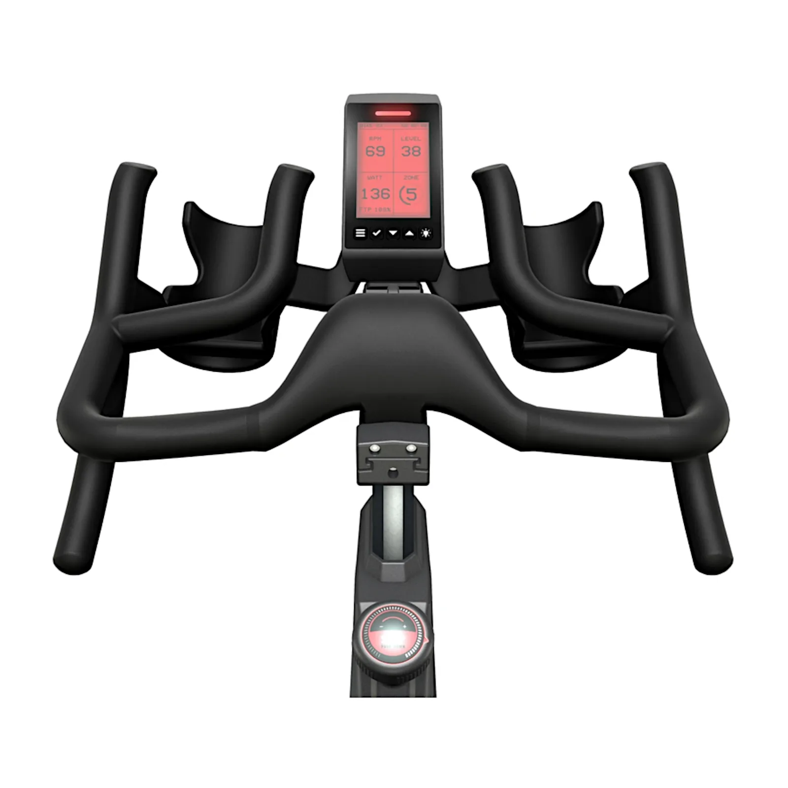 Lenker des Life Fitness Indoor Cycle IC5 mit Display, Nahaufnahme