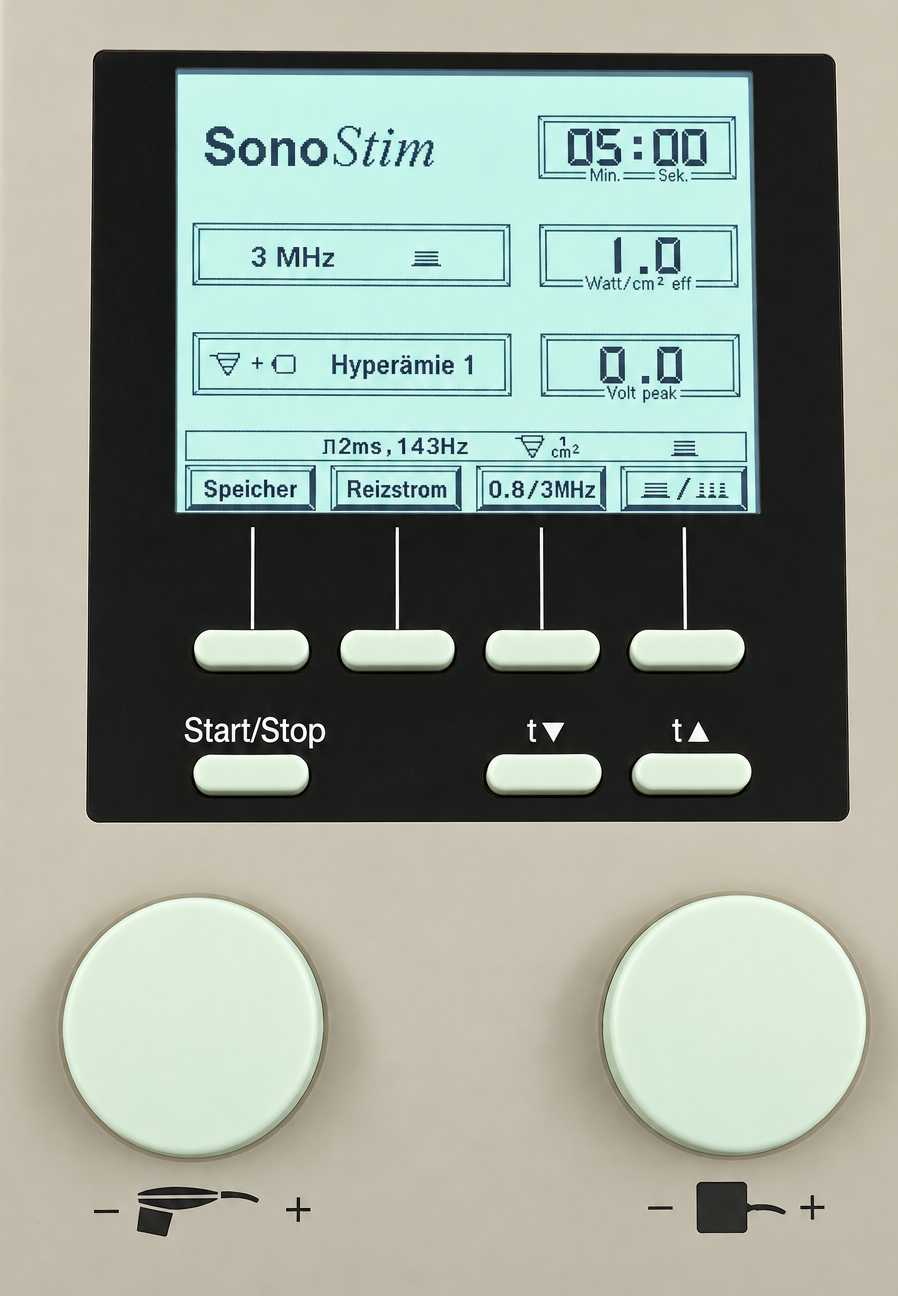 Zimmer SonoStim Bedienfeld mit Display, Programm Hyperämie 1, 3 MHz, 5 Minuten, Funktionstasten und zwei Drehreglern