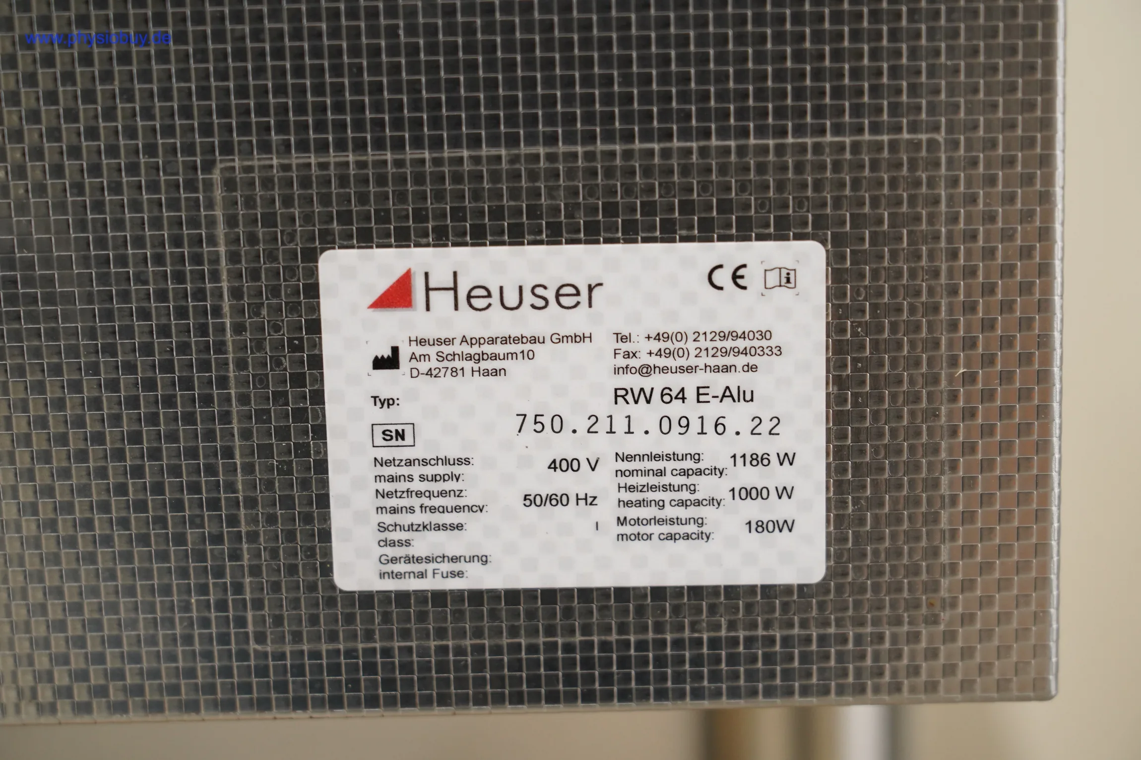 Heuser Fangoanlage RW 64 E-ALU, Typenschild mit technischen Daten