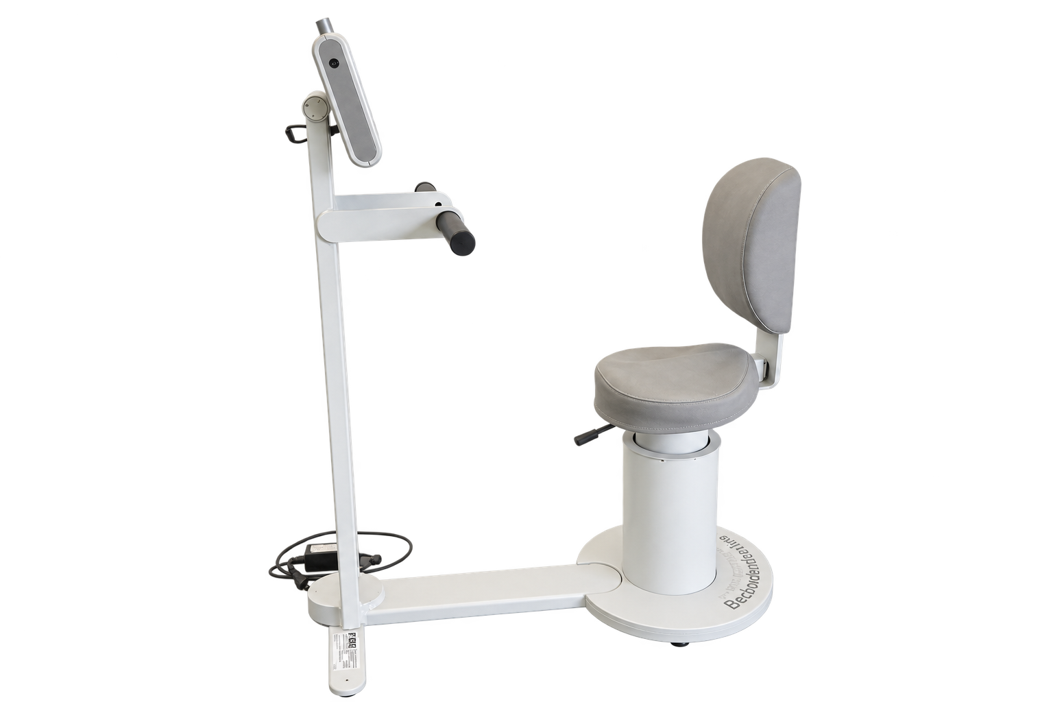 FREI Beckenboden/Pelvictrainer von der Seite: weißes Gerät mit grauem Sitz, Rückenlehne, Haltegriff und Display am Ständer