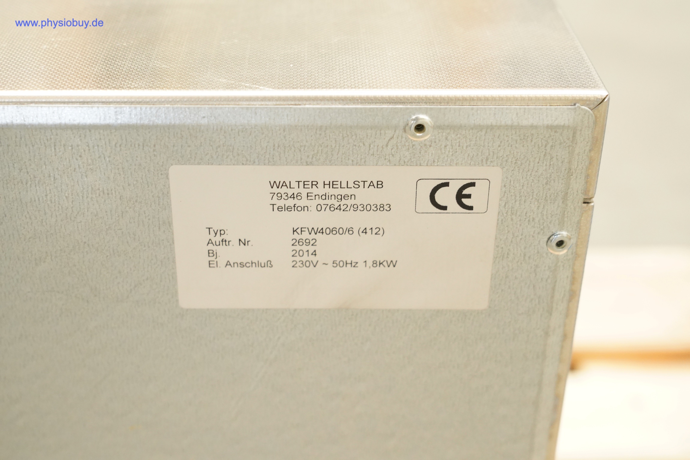 Typenschild am Wärmeschrank Trautwein/Hellstab FW4060 von Walter Hellstab mit CE-Zeichen, Baujahr 2014, 230 V