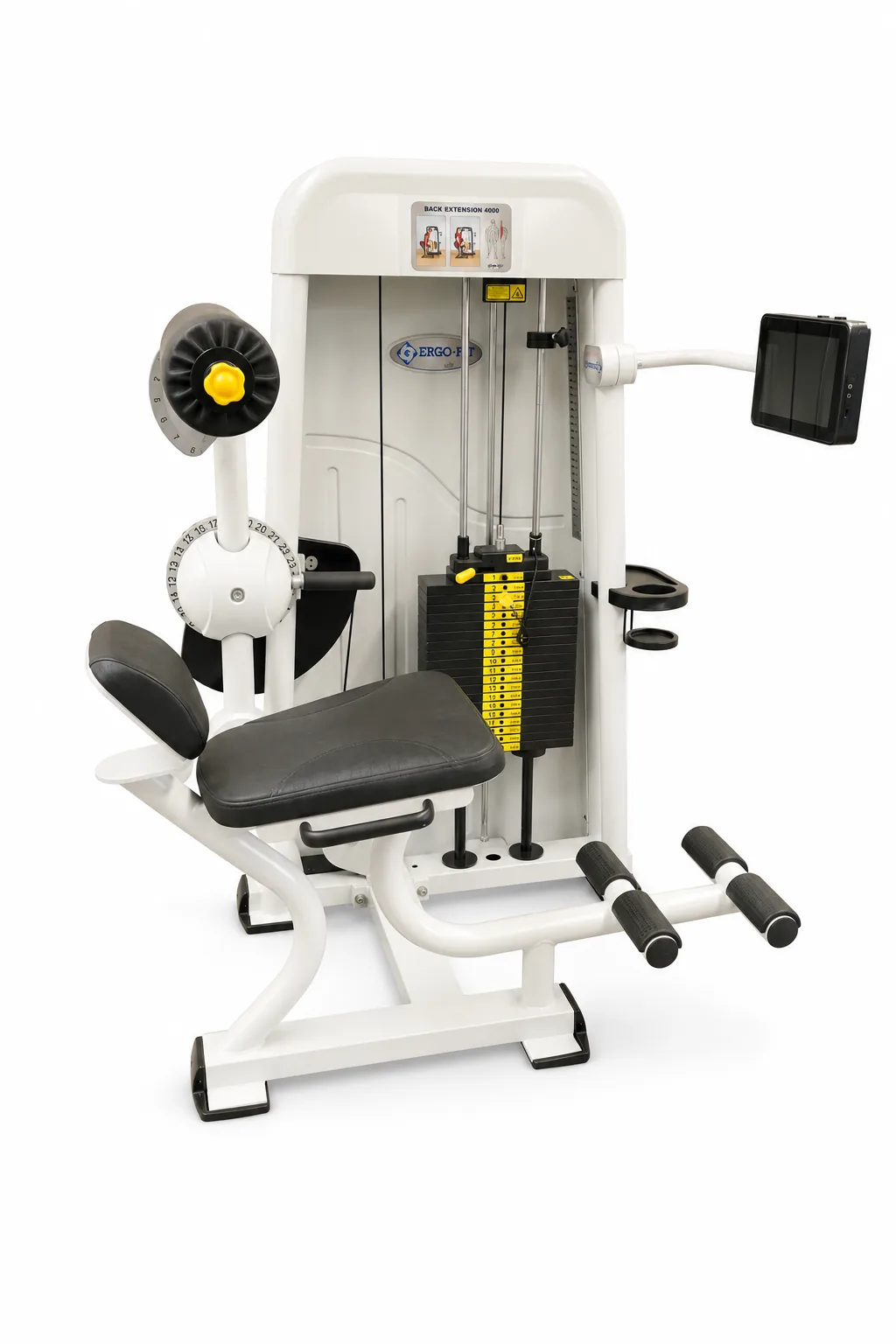 Ergo-Fit Rückenstrecker 4000 mit weißem Gestell, schwarzem Sitzpolster und Touchscreen-Monitor, Seitenansicht